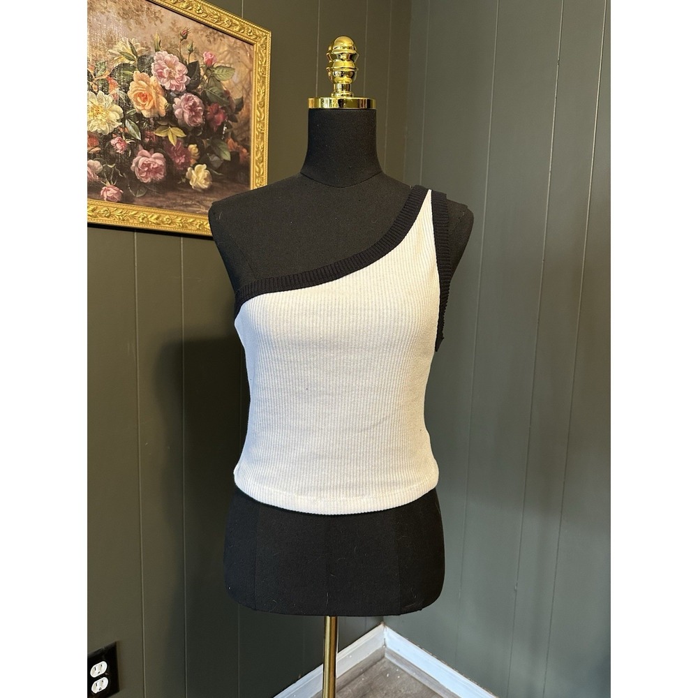 NWT Urban Outfitters One Shoulder Tank Top White‎ Black Ringer Ribbed L Large